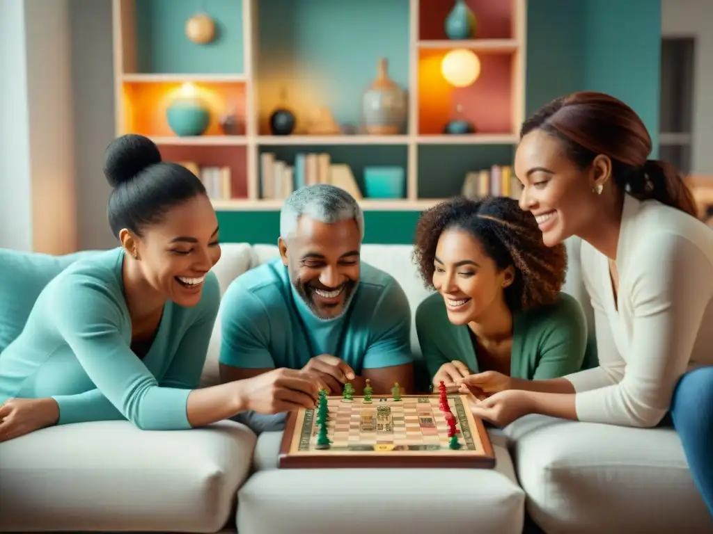 Una familia diversa disfruta de juegos educativos, fortaleciendo lazos familiares en el acogedor salón iluminado