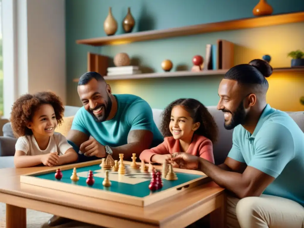 Una familia diversa disfruta de juegos educativos, fortaleciendo lazos familiares en una acogedora sala de estar