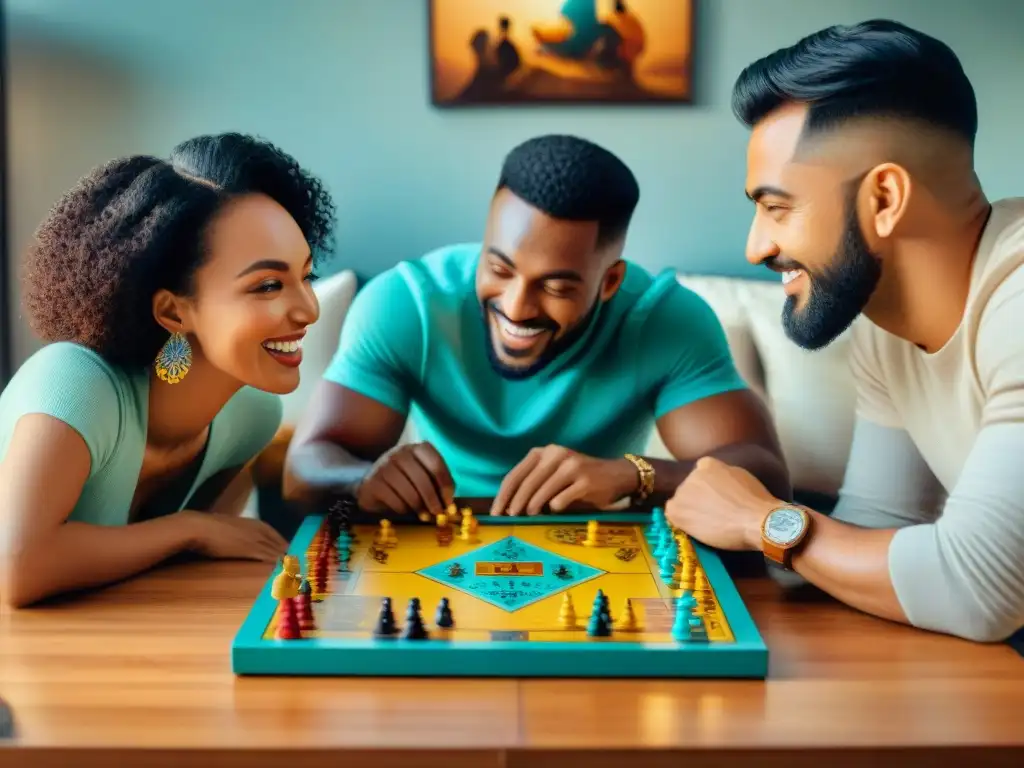 Una familia diversa disfruta de juegos familiares tradicionales alrededor del mundo en una acogedora sala de estar