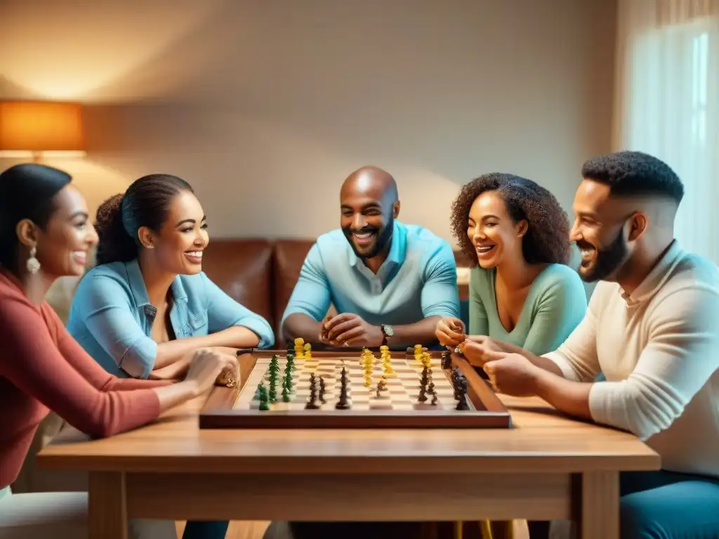 Una familia diversa disfruta de juegos de mesa, creando un ambiente de unión y diversión