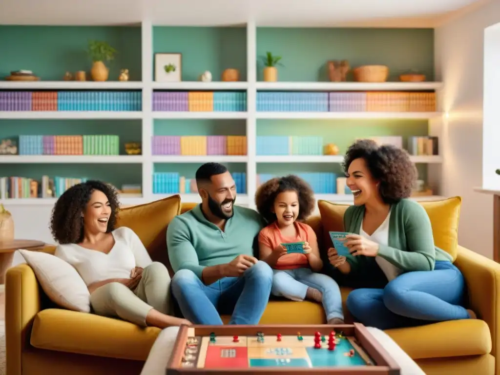 Una familia diversa se divierte con juegos educativos, fortaleciendo lazos familiares en acogedora sala de estar iluminada cálidamente