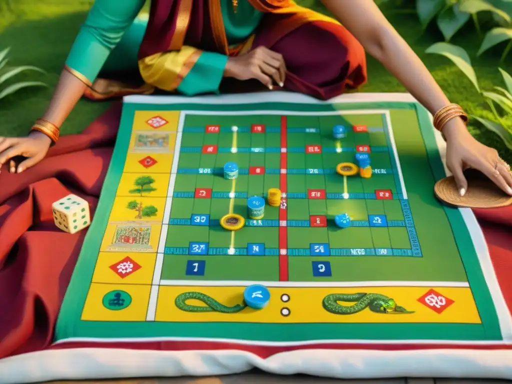 Una familia india disfruta del juego Moksha Patam en un tablero colorido, rodeados de naturaleza