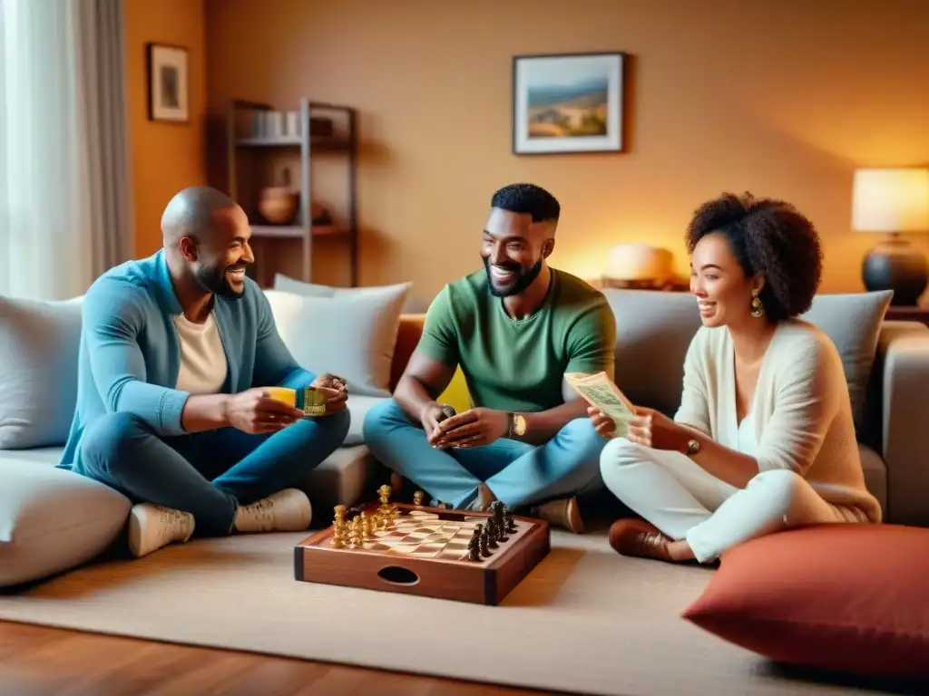 Familia disfrutando de juegos familiares tradicionales alrededor del mundo en sala acogedora