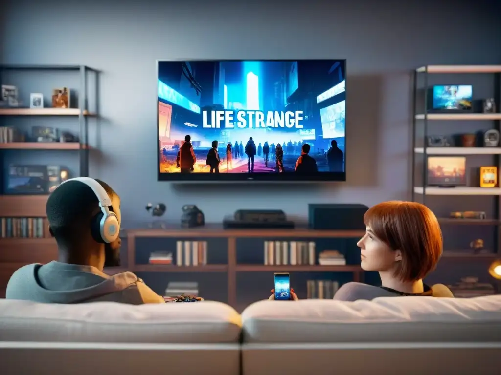 Una familia disfruta juntos del videojuego 'Life is Strange' en una habitación ambientada con historia de juegos y cultura gamer