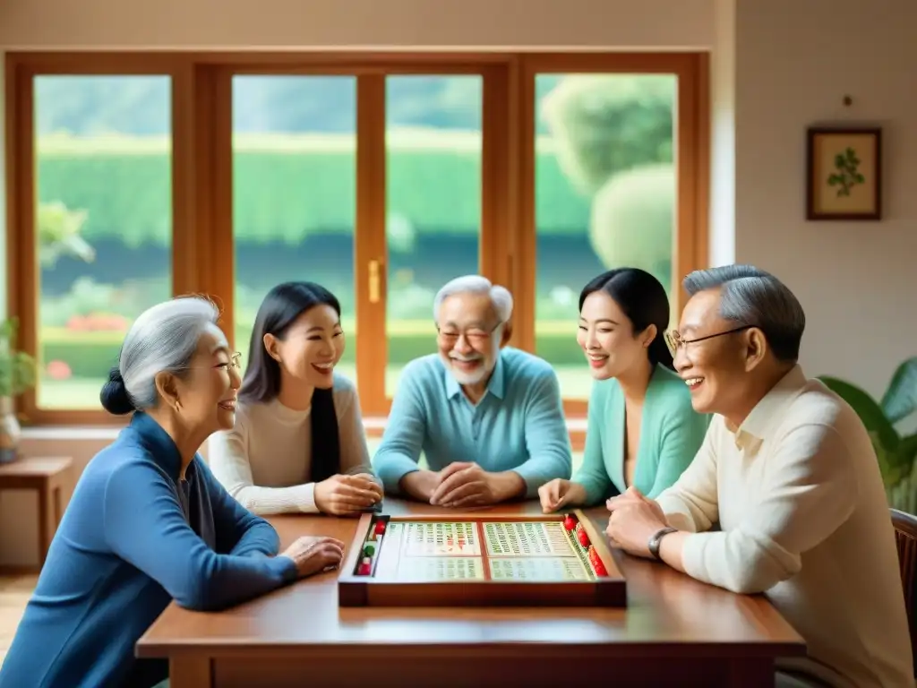 Una familia multigeneracional disfruta de un juego de Mahjong en una mesa de madera