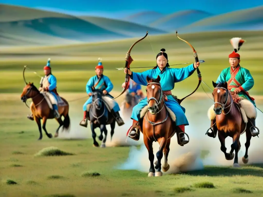 Familia nómada en Mongolia practicando juegos de arquería a caballo, influencia de invasiones mongolas en Oriente