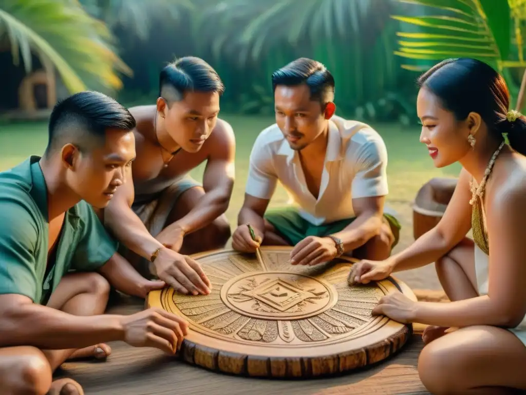 Familias filipinas disfrutan del juego de Sungka en un patio verde al atardecer