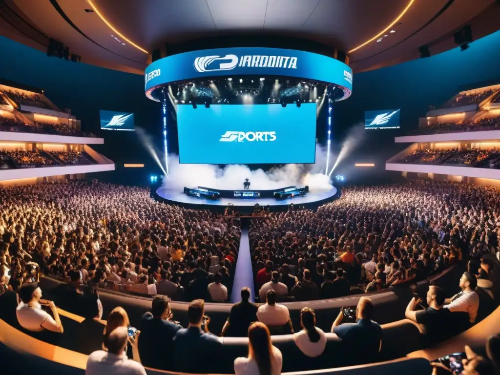 Fans emocionados en una arena de eSports llena, con jugadores profesionales compitiendo en un escenario iluminado