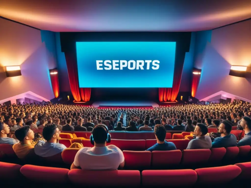 Fans emocionados disfrutan de un campeonato de eSports en un cine oscuro