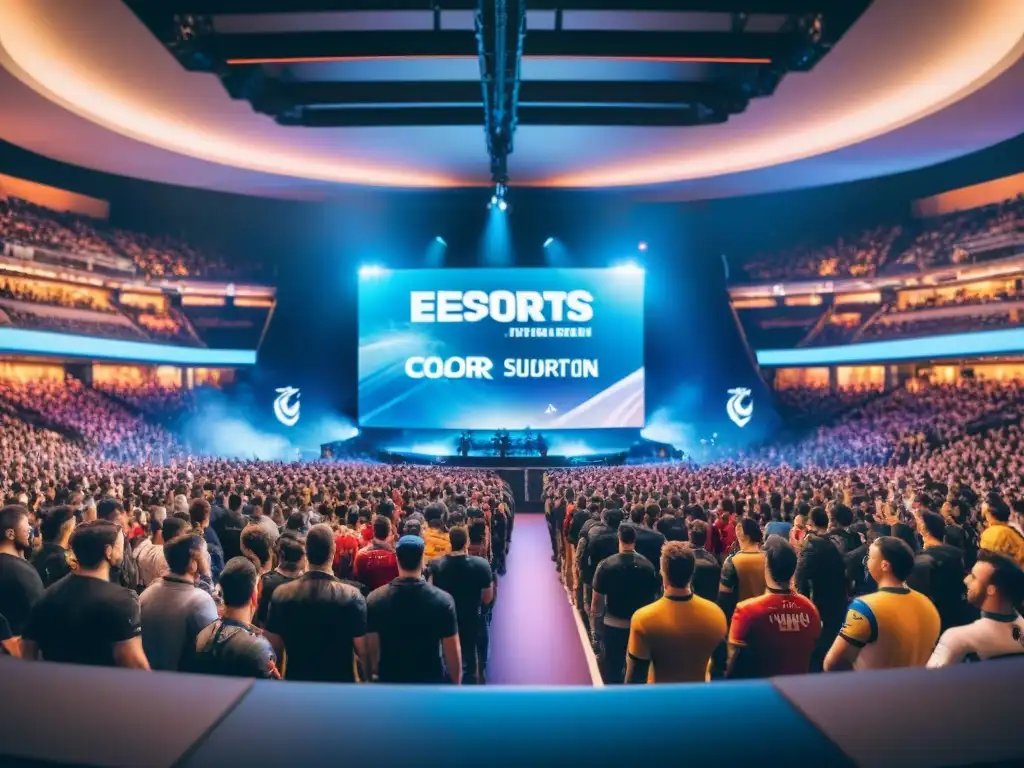 Fans de equipos de eSports llenan la arena, vibrando con emoción y apoyo en un ambiente electrizante de éxito y pasión