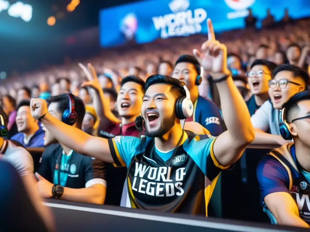 Fans de eSports de distintas culturas y etnias se reúnen emocionados frente a una pantalla gigante viendo el Campeonato Mundial de League of Legends