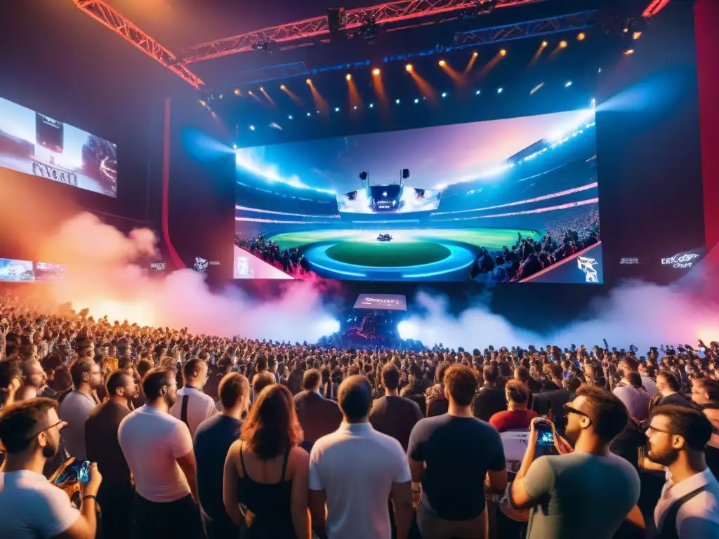 Fans inmersos en la realidad virtual en un estadio de deportes electrónicos, resaltando el impacto de la tecnología