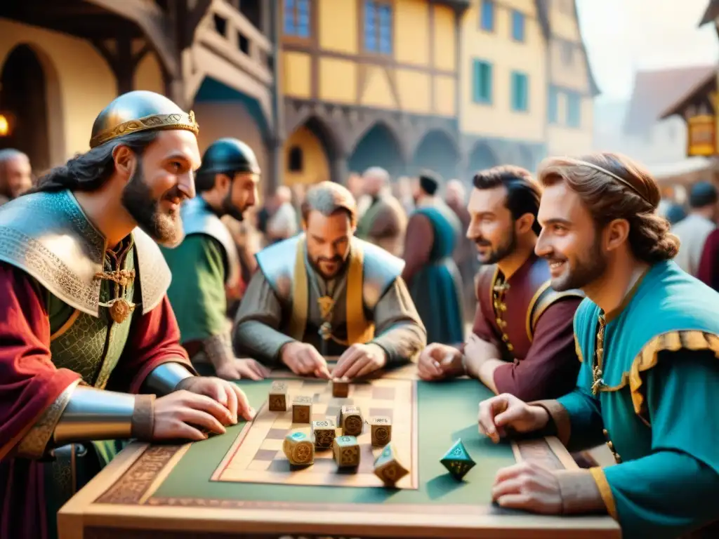 Fascinante ilustración de un bullicioso mercado medieval europeo con intensas competencias de juegos de mesa