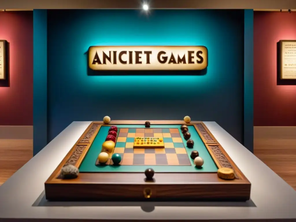 Descubre la fascinante exhibición de juegos antiguos en un museo, con piezas elaboradas y tableros coloridos bajo luces tenues