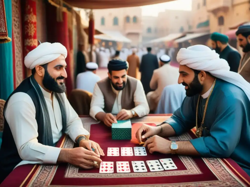 Fascinante mercado en Oriente Medio con coloridas cartas de juego, fusionando historia y tradición