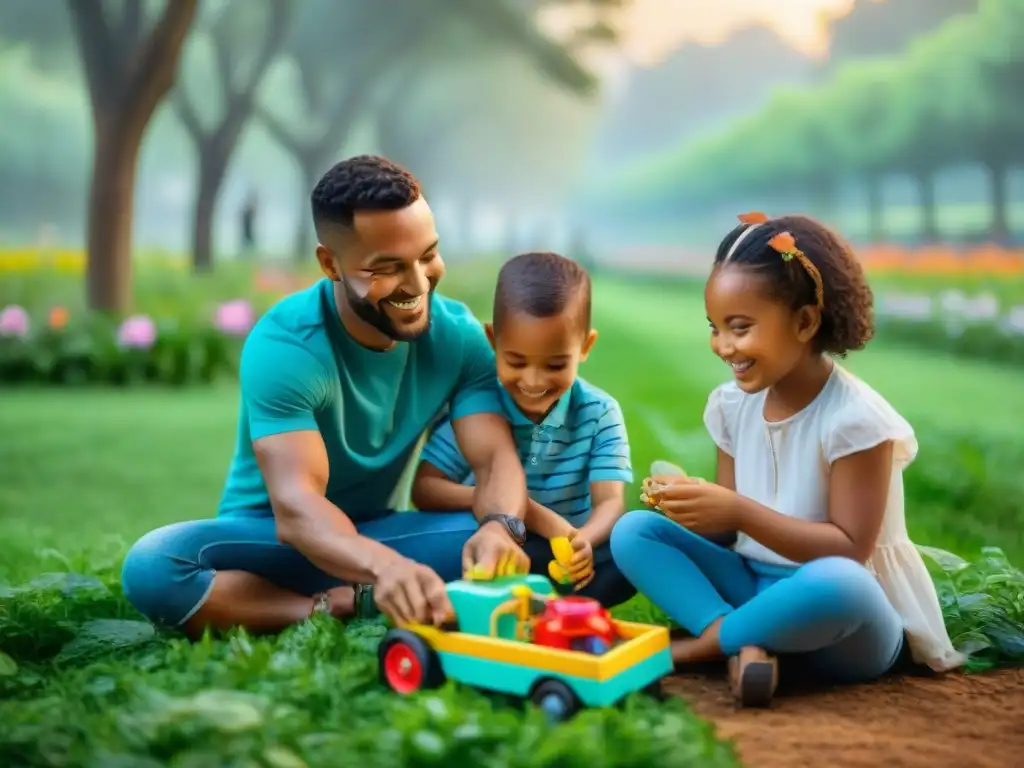 Felicidad de niños jugando con juguetes sostenibles en parque verde