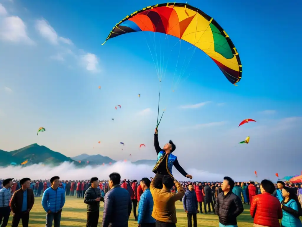 Festival de cometas en China: kites de colores y formas únicas vuelan alto en un cielo azul