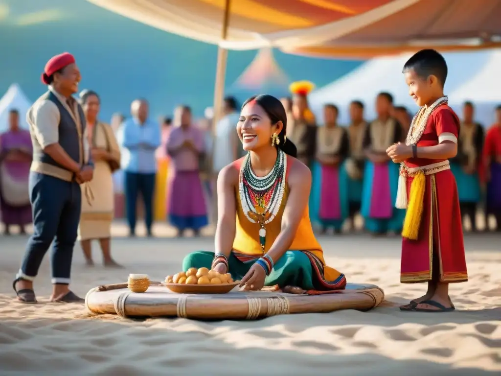 Un festival cultural vibrante con juegos indígenas y colores alegres de niños participando entusiastas en un juego tradicional al atardecer