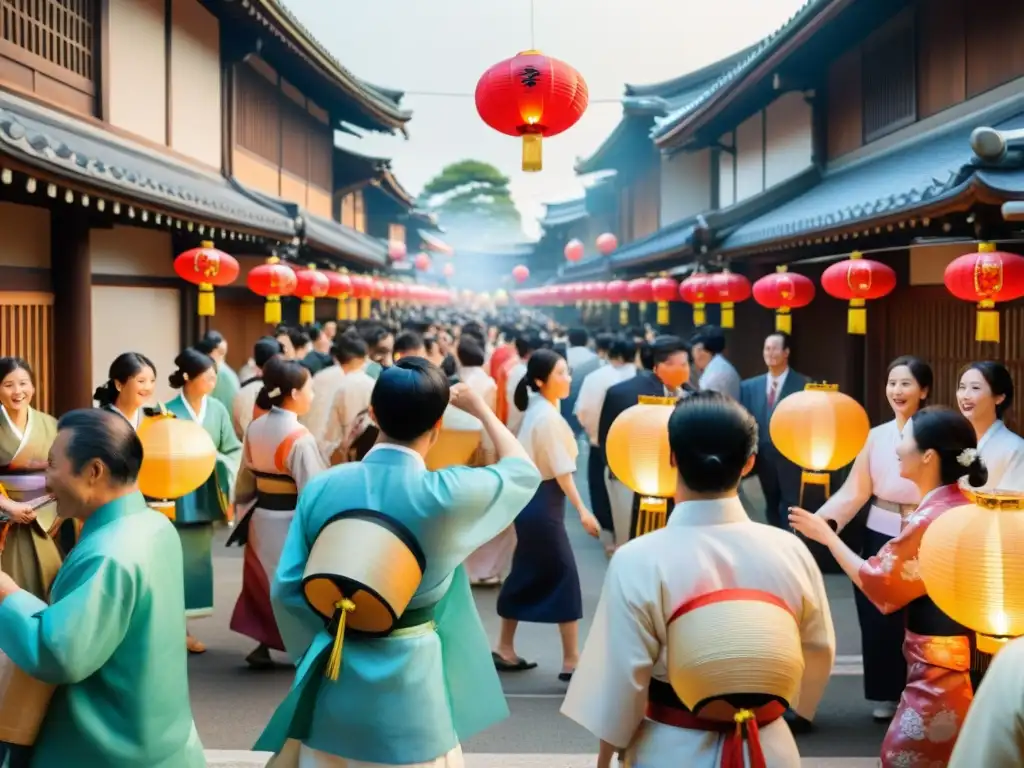 Vibrante festival tradicional en Kyoto: Hanetsuki y faroles Festival en Kyoto: juego tradicional Hanetsuki en vibrante escena con kimonos y linternas de papel