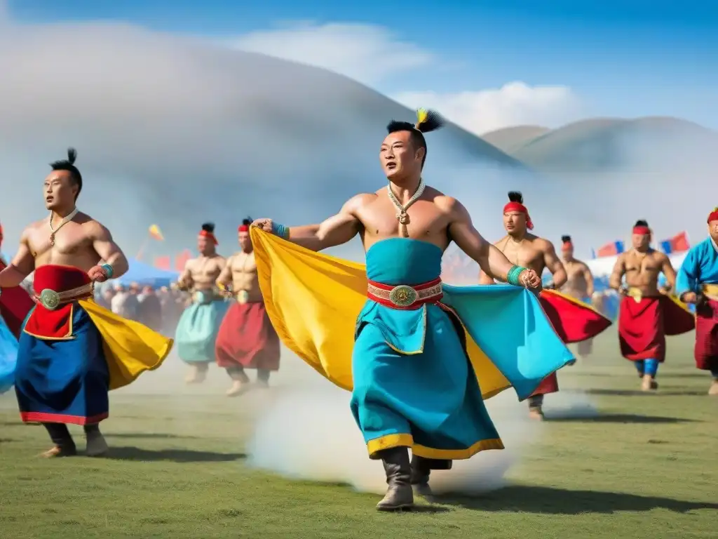 Festival de Naadam en Mongolia con luchadores tradicionales en vibrante competencia en la estepa mongola