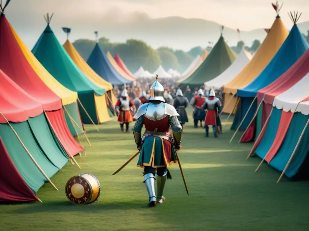 Un festival medieval vibrante y bullicioso con juegos tradicionales como justas, arquería y lanzamiento de monedas