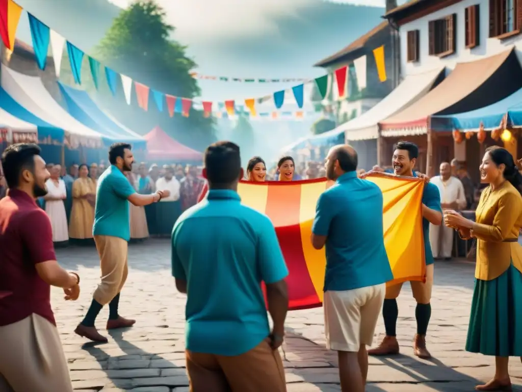 Festival tradicional: juegos, música y alegría en la plaza Festivales de juegos tradicionales: Escena festiva de juegos tradicionales en plaza pintoresca con música y banderas coloridas