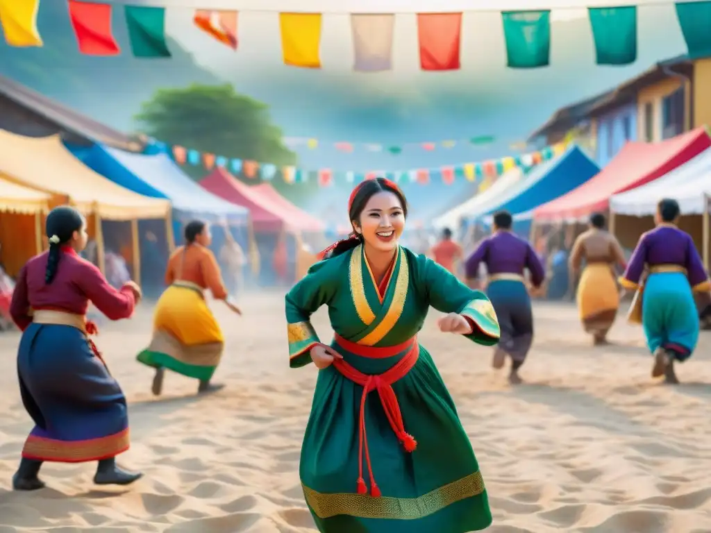 Festival de juegos tradicionales: alegría y tradición en la hora dorada Festivales de juegos tradicionales: Escena vibrante de juegos locales en una plaza decorada con alegría y tradición al atardecer