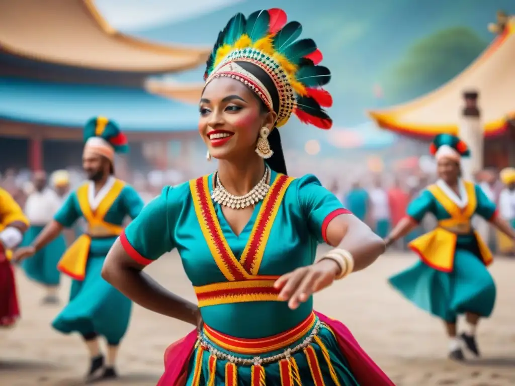 Festivales de juegos tradicionales: Grupo de bailarines coloridos y vibrantes en una animada plaza de festival