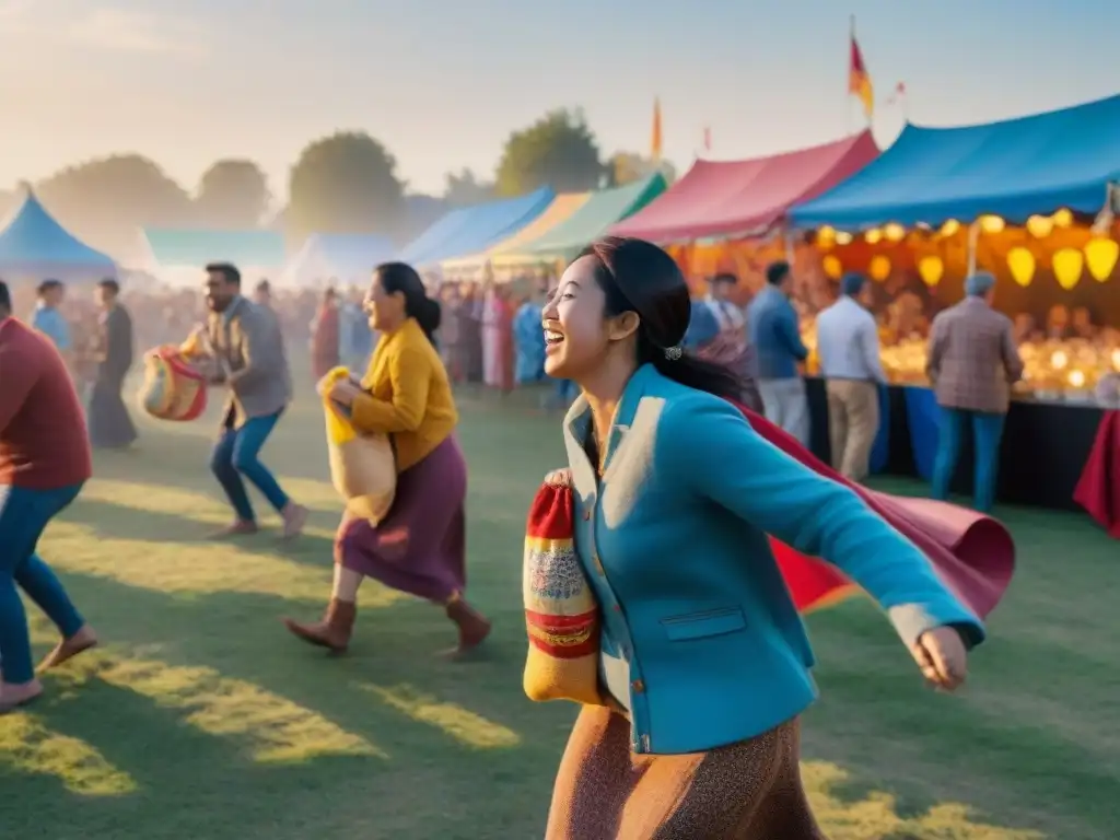 Festivales de juegos tradicionales en todo el mundo: escena bulliciosa con gente de todas las edades participando en divertidos juegos