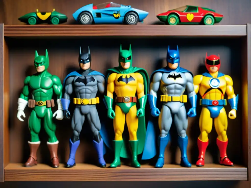 Colección de figuras de acción de los 90 en cultura: icónicos personajes como Batman y las Tortugas Ninja en estantes de madera vintage