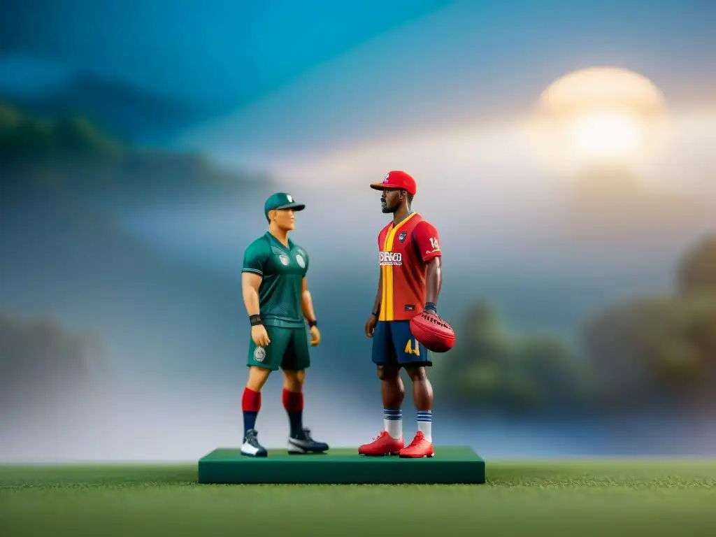 Comparación de figuras coleccionables deportes culturas mundo, destacando detalles y mejoras, con iluminación dinámica