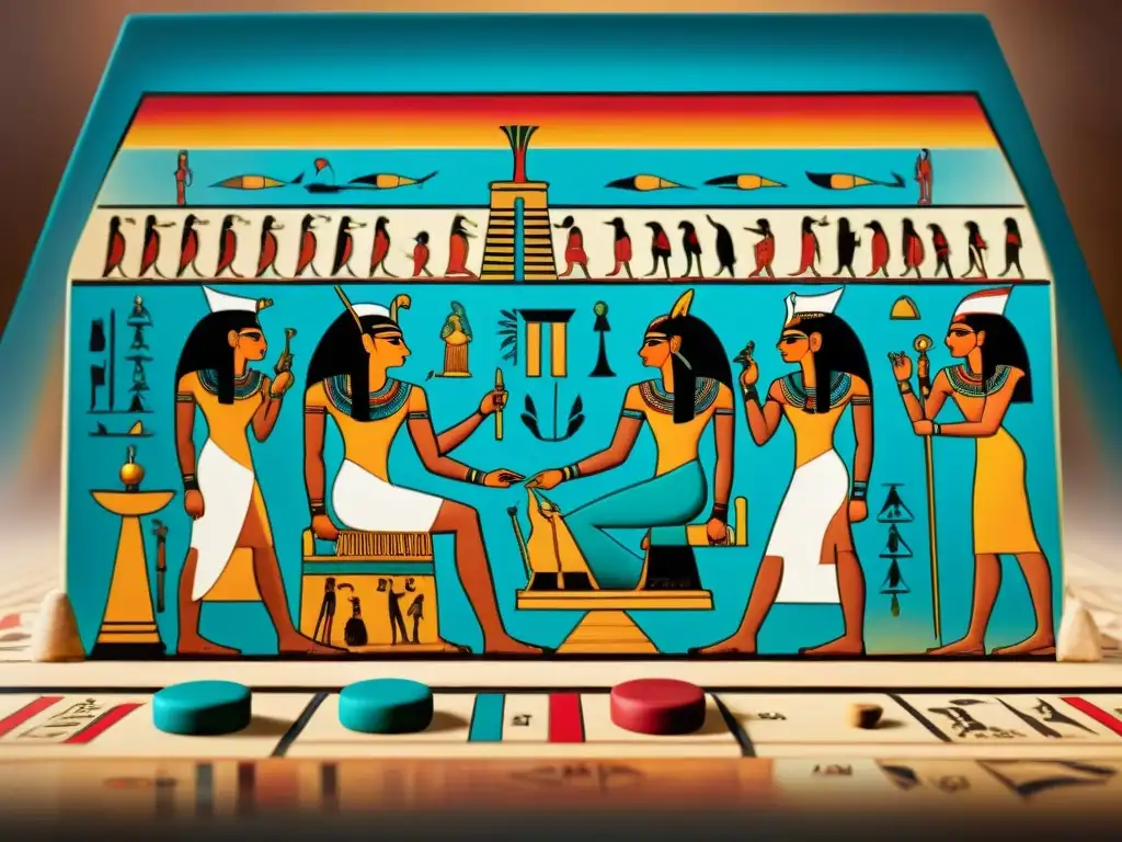 Fresca escena del antiguo Egipto con faraones y nobles jugando el Juego de mesa egipcio Senet, resaltando colores y jeroglíficos vibrantes