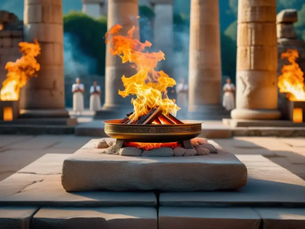 El fuego sagrado ilumina el altar de piedra en antiguas ruinas, evocando el significado del fuego sagrado en ceremonias deportivas