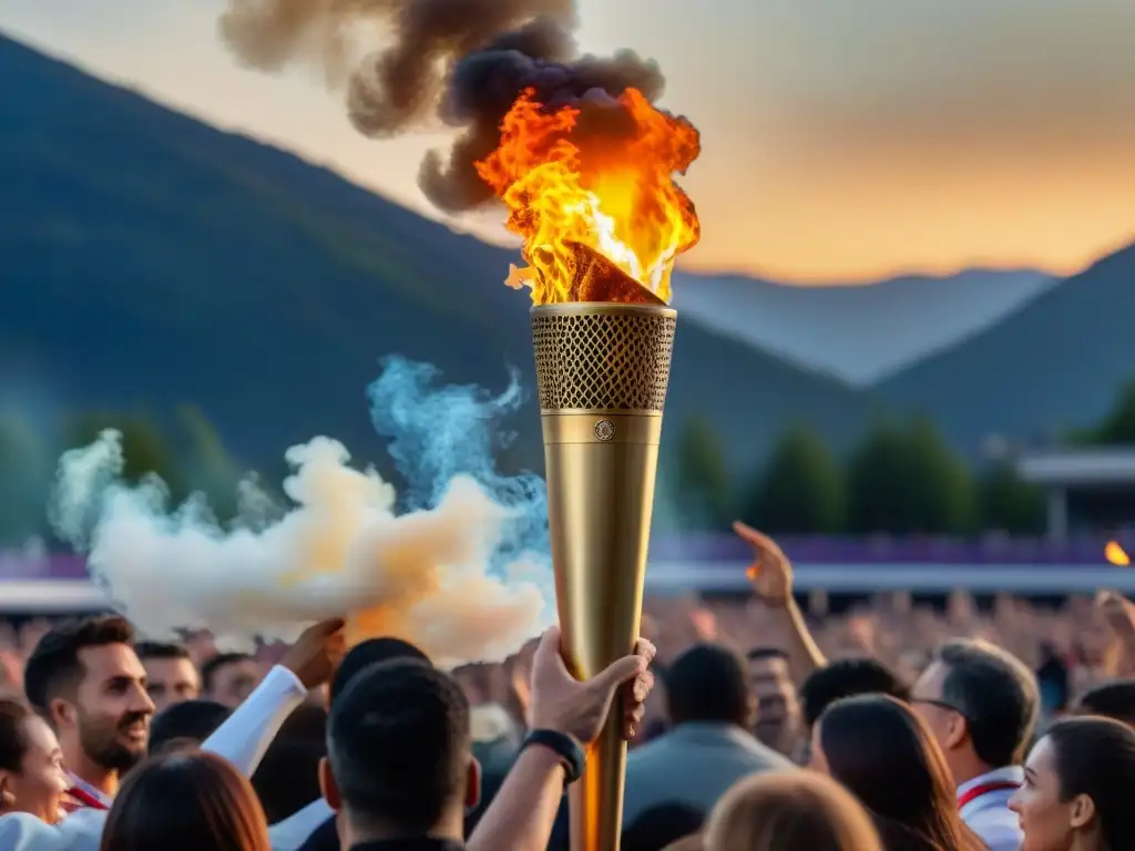 El fuego sagrado de la antorcha olímpica ilumina el cielo crepuscular, simbolizando la tradición y la unidad en ceremonias deportivas