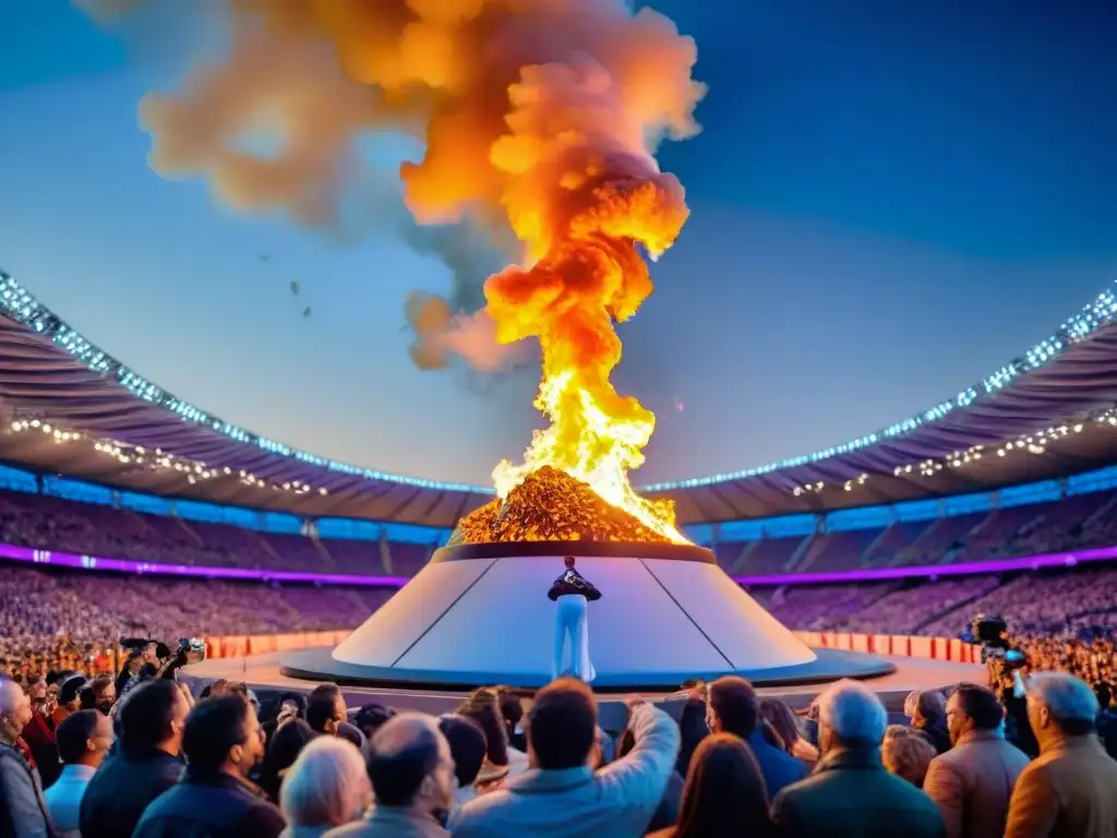 El fuego sagrado ilumina la noche en la ceremonia deportiva, simbolizando la unión de atletas de todo el mundo