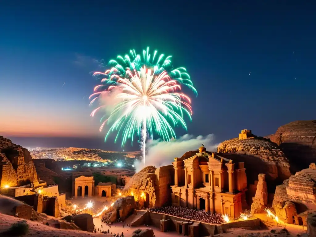 Fuegos artificiales en Oriente Medio iluminan el cielo nocturno sobre Petra, creando un espectáculo mágico de contrastes y tradiciones