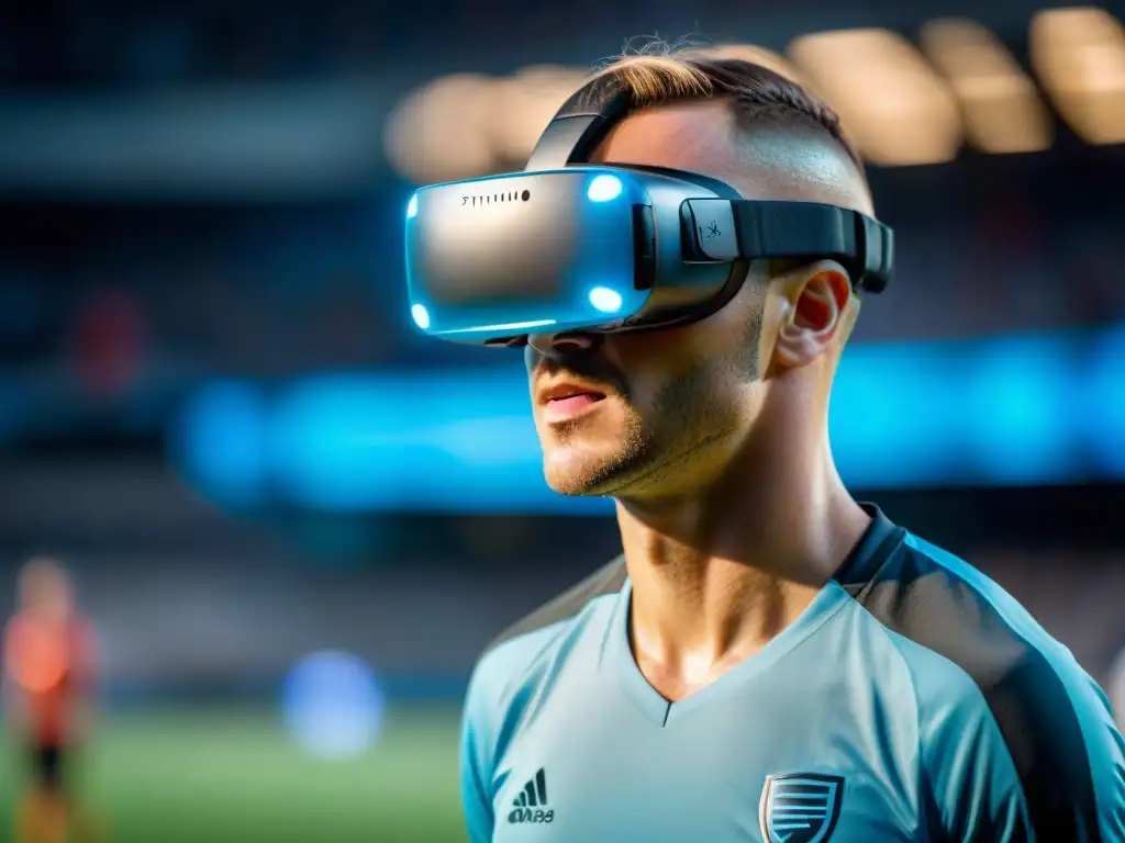 Un futbolista concentrado con auriculares de realidad virtual en un campo futurista