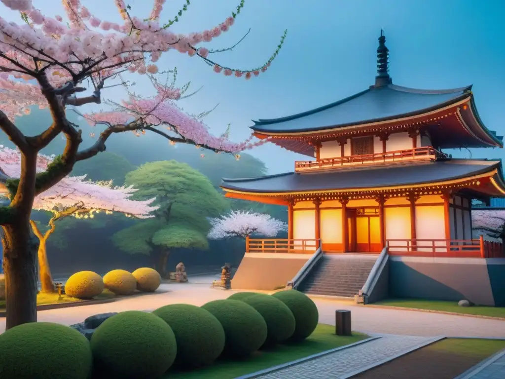 Futurismo y tradición en Japón: arena de eSports junto a jardín japonés con pagoda entre cerezos en flor