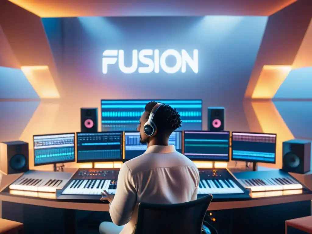 Futurista estudio de música con IA en la música de videojuegos, músicos y ingenieros colaborando en un ambiente high-tech