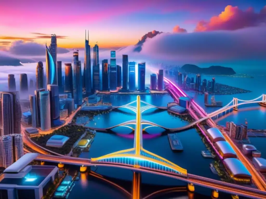 Un futurista paisaje urbano en realidad virtual con rascacielos, puentes brillantes y autos voladores, iluminado por un cielo vibrante al atardecer