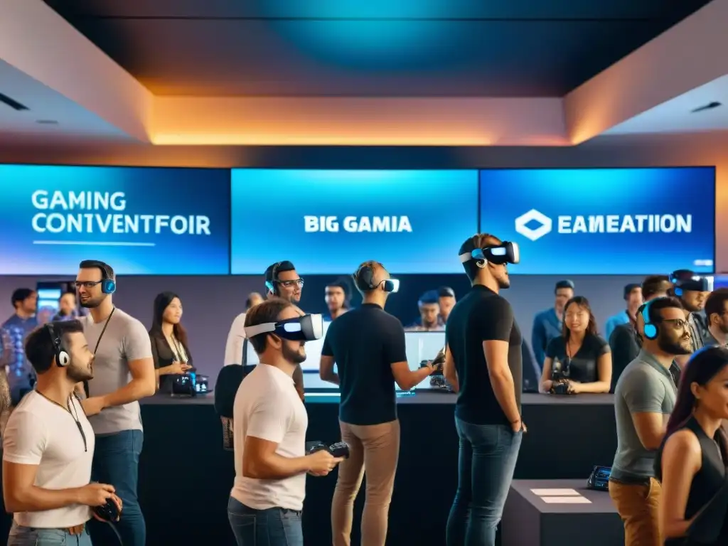 Convención futurista de videojuegos con impacto de big data, jugadores inmersos en realidad virtual y entornos innovadores