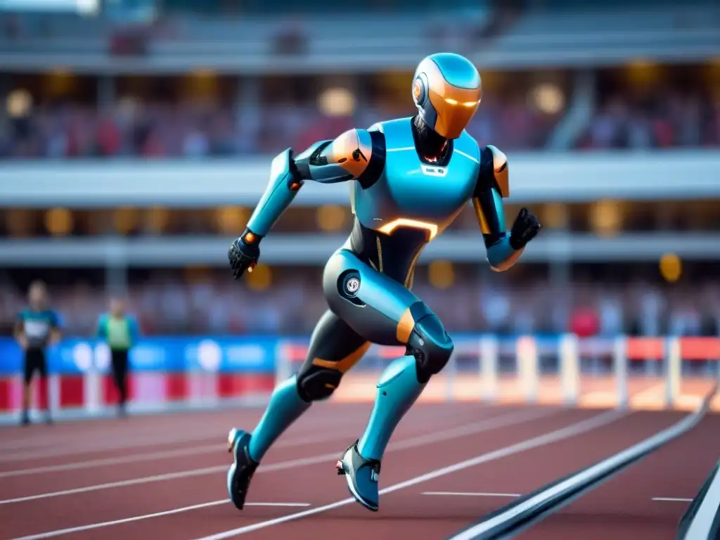 Futuro deportivo: Robots compiten con atletas humanos en una pista, demostrando agilidad y velocidad