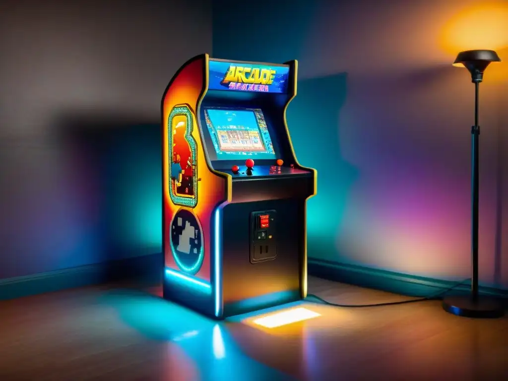 Un gabinete arcade antiguo en una habitación tenue, con personajes de juegos retro pintados y posters nostálgicos