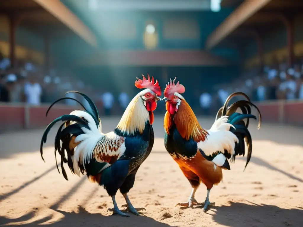 Dos gallos majestuosos se enfrentan en un arena polvorienta mientras una multitud diversa observa con emoción y anticipación