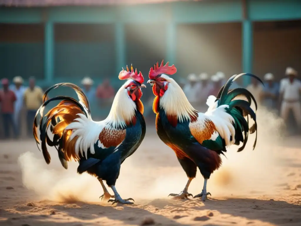 Dos gallos majestuosos en un combate épico en Oriente Medio, con plumajes relucientes bajo el sol intenso