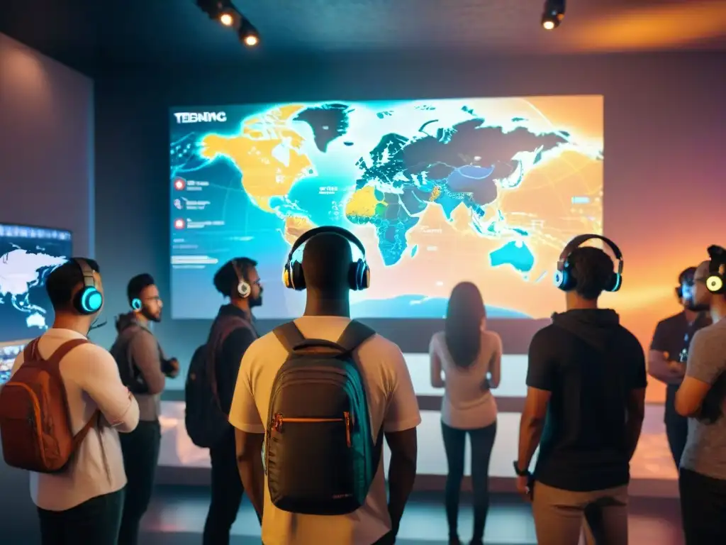 Gamer de todo el mundo unidos en un mapa virtual, demostrando la fuerza de las Comunidades globales en juegos en línea