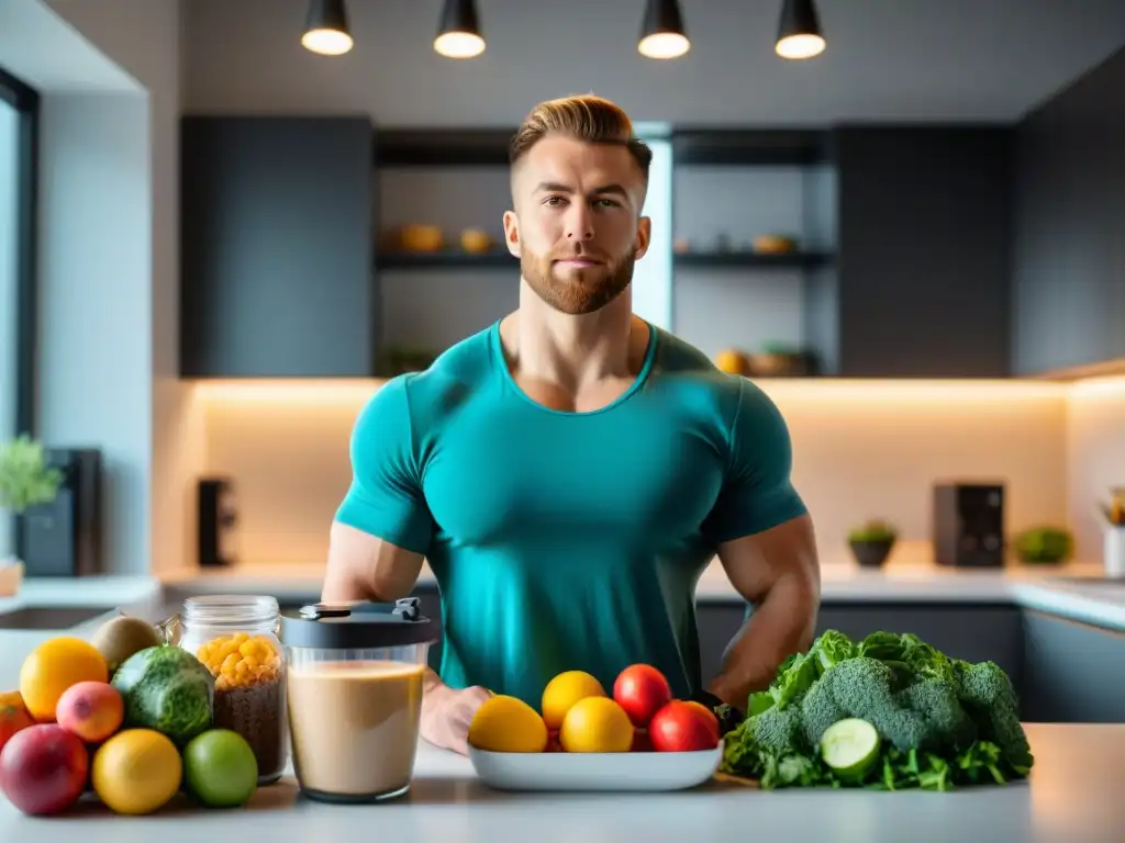 Un gamer profesional se prepara con alimentos para rendimiento en eSports en una cocina moderna y organizada