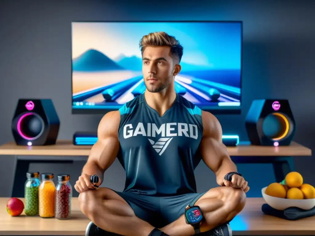 Un gamer profesional enfocado en la pantalla, rodeado de snacks saludables y equipamiento de fitness