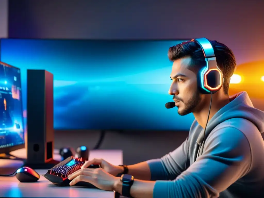 Diversos gamers inmersos en tecnología 5G, mostrando la emoción y concentración del gaming