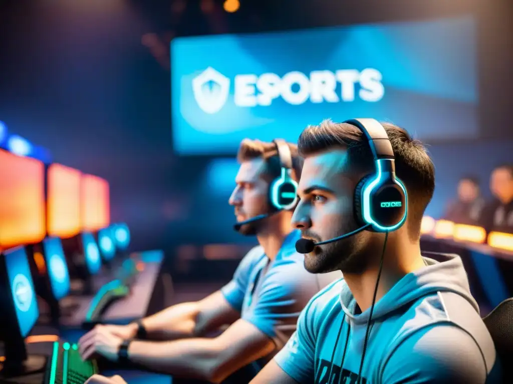 Dos gamers profesionales concentrados en sus pantallas en un torneo eSports, rodeados de una arena iluminada